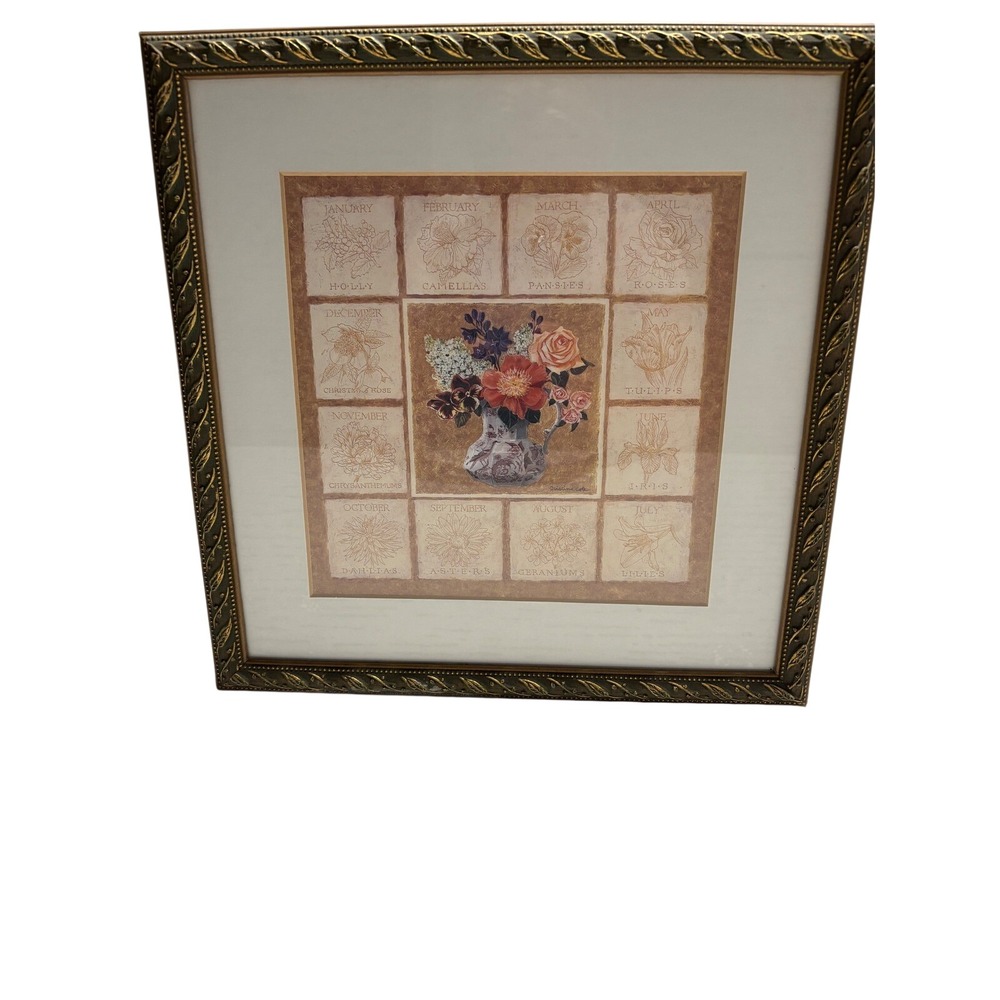 Cristina Cole Floral Calendar Art Print Gold Ornate Framed Birth Month Flowers